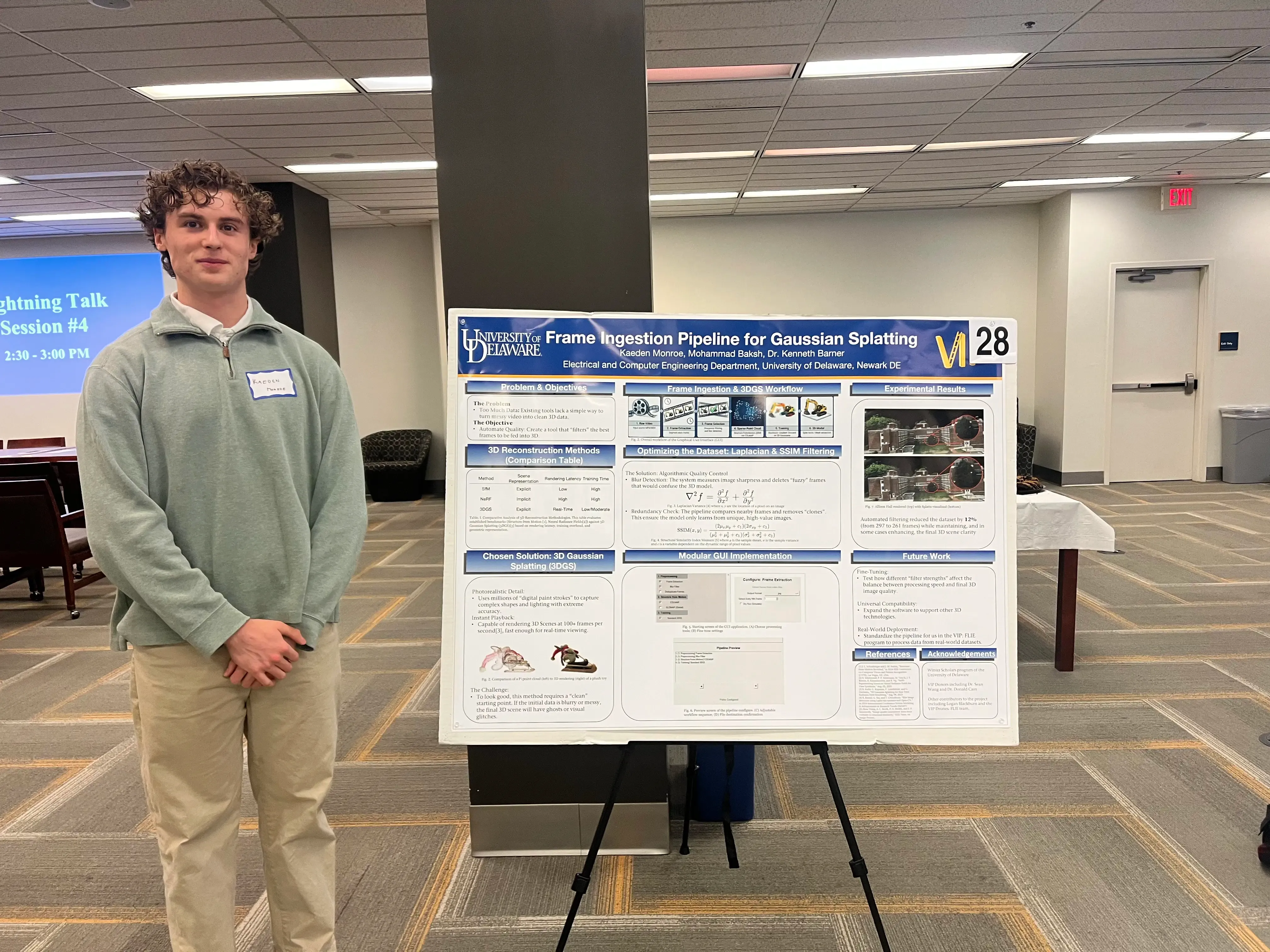 Kaeden standing beside his Frame Ingestion Pipeline for Gaussian Splatting research poster at a lightning talk session